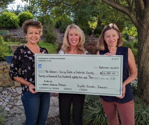 Left to Right, Heidi Novak, President, Frederick Steeplechasers Running Club; Bonnie Swanson, Chair, Women's Giving Circle; Harriet Langlois, Race Director, Frederick Steeplechasers Running Club